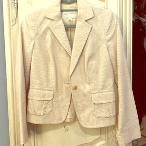 Blush metallic Banana Republic seersucker suit